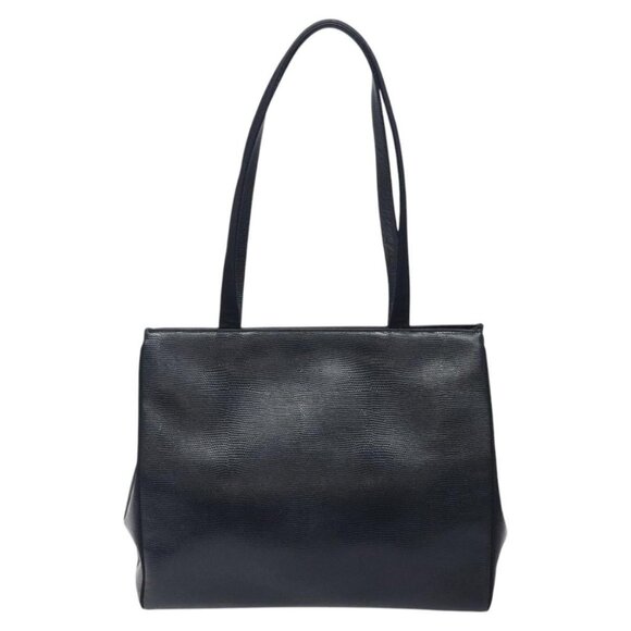 Salvatore Ferragamo Tote Bag Leather Embossed Navy Gold Auth